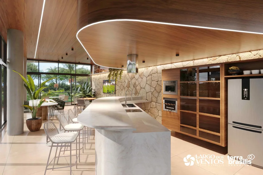 Cozinha gourmet com ilha em pedra, forno, cooktop e adega